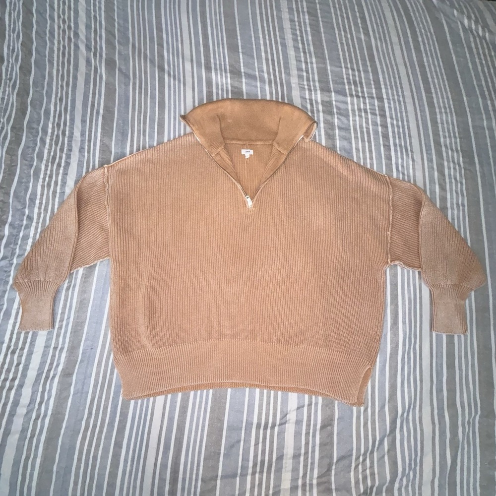 Aerie Peach Soft Textured Knit CozyUp Waffle 1/4 Zip Funnel Neck Sweater Large
